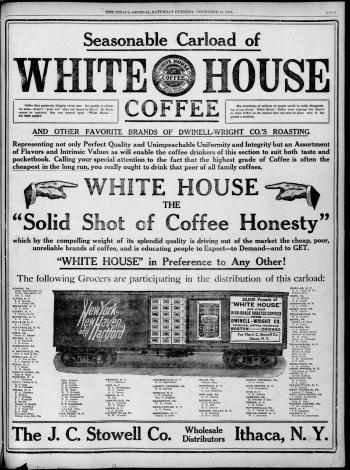 A large advertisement in The Ithaca Journal for White House Coffee lists area stores where the product can be purchased, M. E. Mills among them.