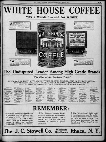 A large advertisement in The Ithaca Journal for White House Coffee lists area stores where the product can be purchased, M. E. Mills among them.